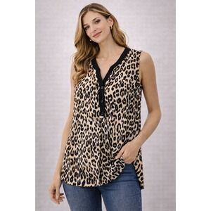 SPENSE Women Leopard Print Sleeveless V-Neck Button Up Top M